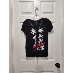 Nella Fantasia Laceup TShirt Black Short Sleeve California Love Graphic Sz Small